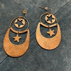 Artisan handmade, hammered brass, crescent moon and star dangle earrings